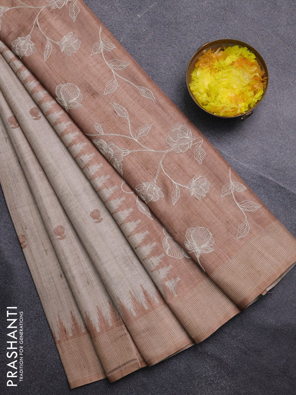 Art tussar saree beige and sandal with embroidery buttas and temple design thread woven border