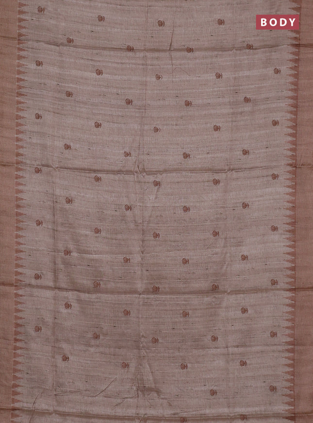 Art tussar saree beige and sandal with embroidery buttas and temple design thread woven border