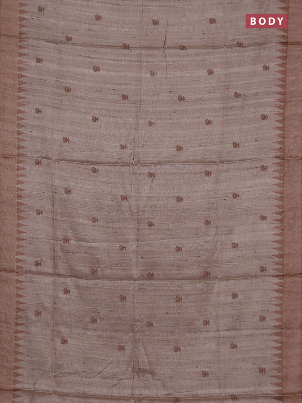 Art tussar saree beige and sandal with embroidery buttas and temple design thread woven border