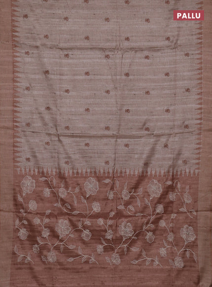Art tussar saree beige and sandal with embroidery buttas and temple design thread woven border