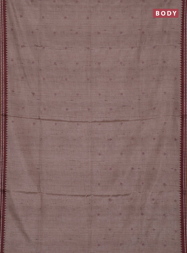 Art tussar saree beige and pastel maroon with embroidery buttas and temple design thread woven border