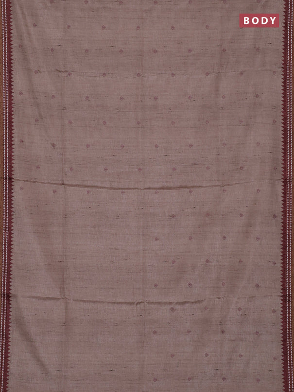Art tussar saree beige and pastel maroon with embroidery buttas and temple design thread woven border