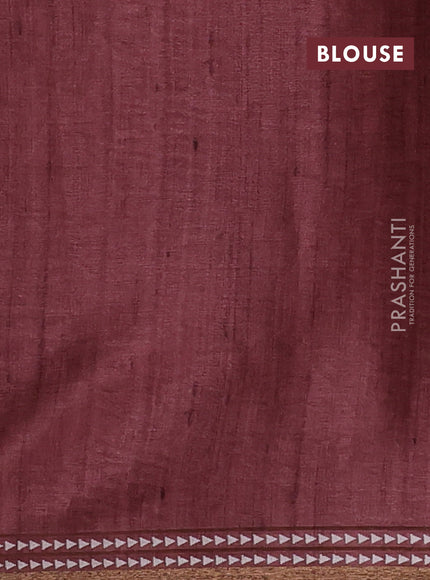 Art tussar saree beige and pastel maroon with embroidery buttas and temple design thread woven border
