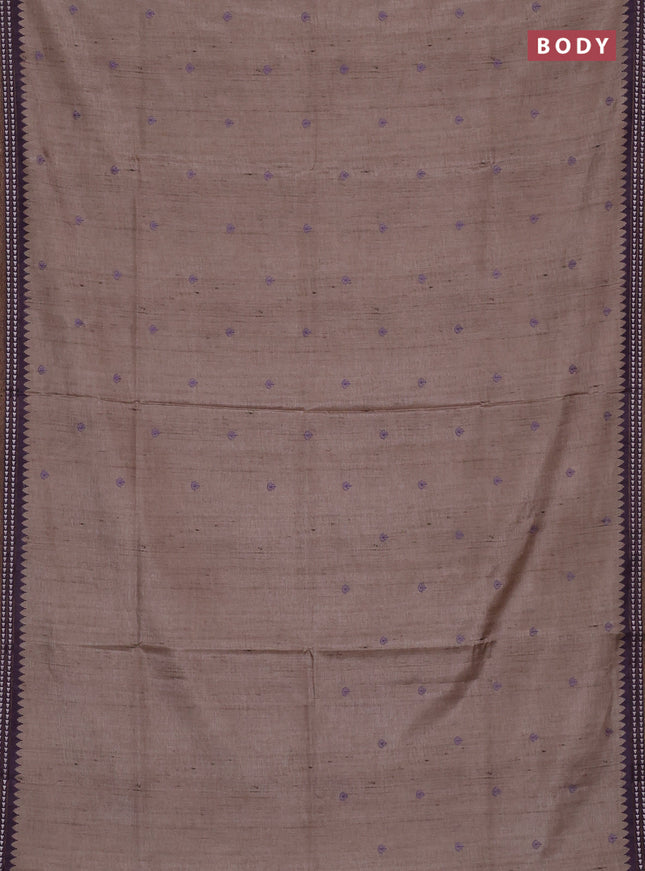 Art tussar saree beige and pastel purple with embroidery buttas and temple design thread woven border