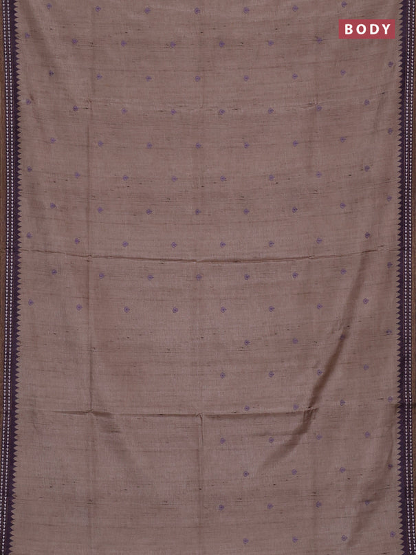 Art tussar saree beige and pastel purple with embroidery buttas and temple design thread woven border