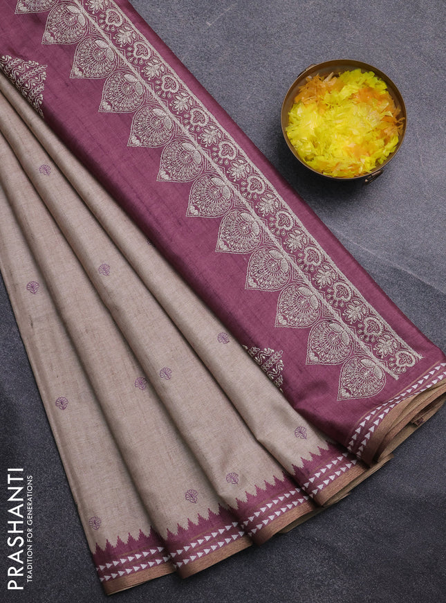 Art tussar saree beige and wine shade with embroidery buttas and temple design thread woven border