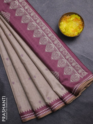 Art tussar saree beige and wine shade with embroidery buttas and temple design thread woven border