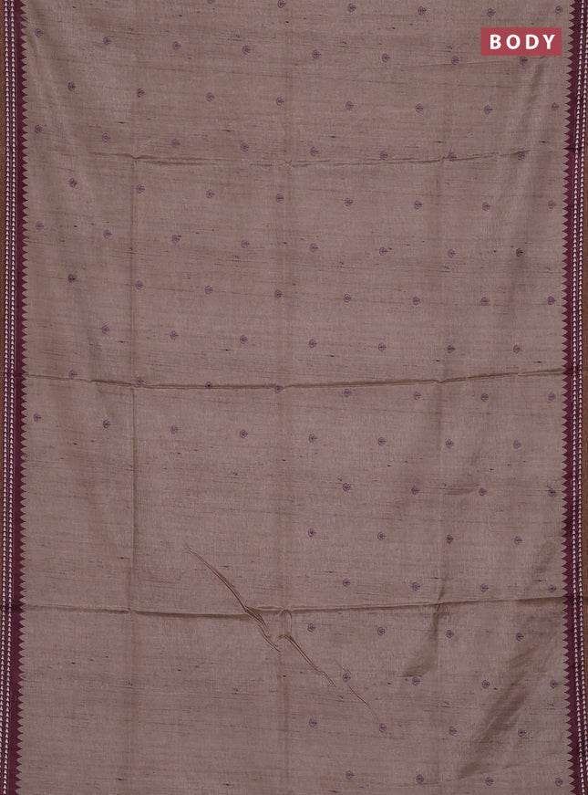 Art tussar saree beige and wine shade with embroidery buttas and temple design thread woven border