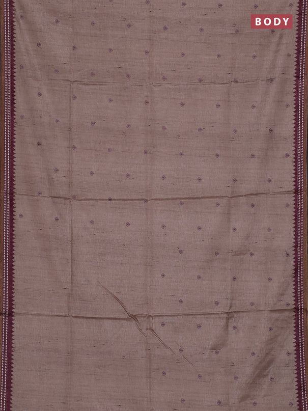 Art tussar saree beige and wine shade with embroidery buttas and temple design thread woven border