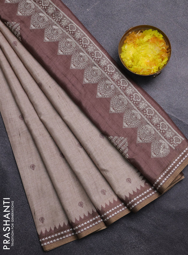 Art tussar saree beige and brown with embroidery buttas and temple design thread woven border