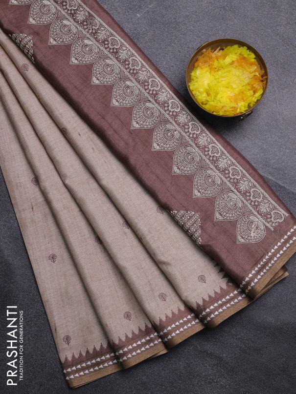 Art tussar saree beige and brown with embroidery buttas and temple design thread woven border