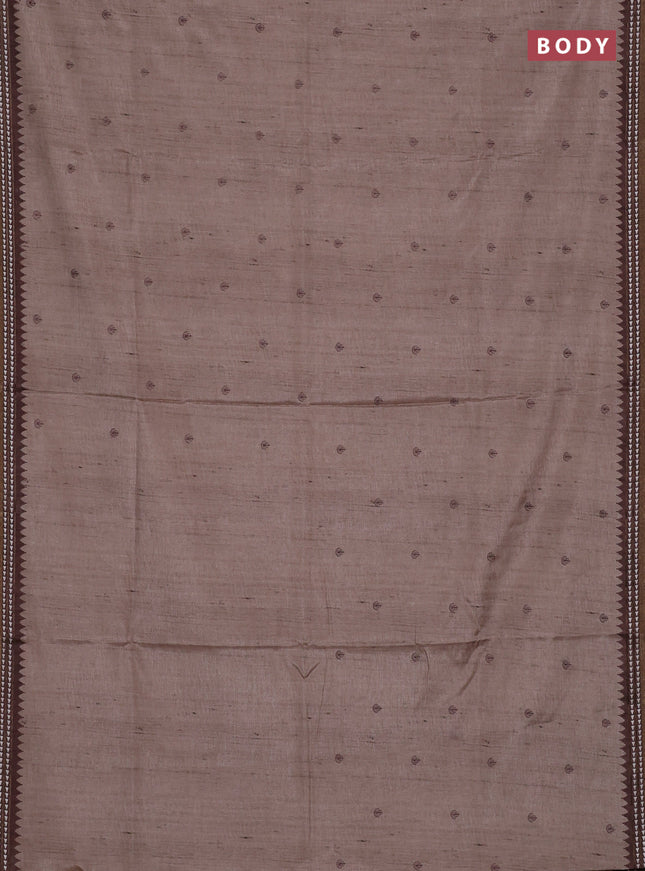 Art tussar saree beige and brown with embroidery buttas and temple design thread woven border