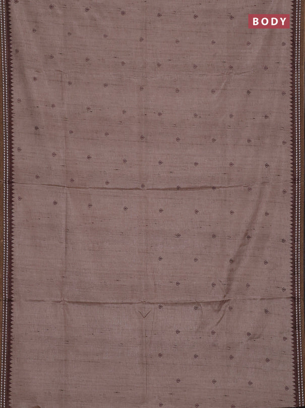 Art tussar saree beige and brown with embroidery buttas and temple design thread woven border