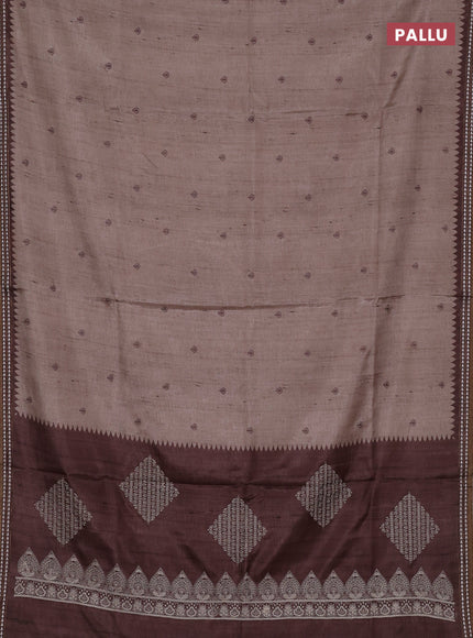 Art tussar saree beige and brown with embroidery buttas and temple design thread woven border