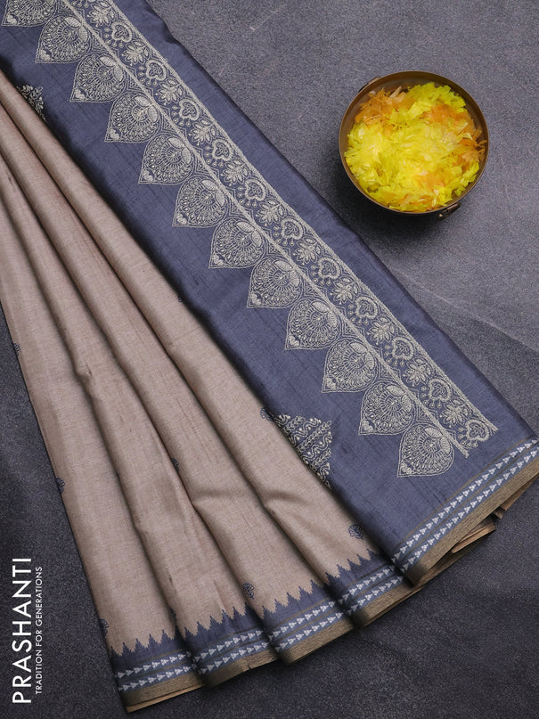 Art tussar saree beige and grey with embroidery buttas and temple design thread woven border