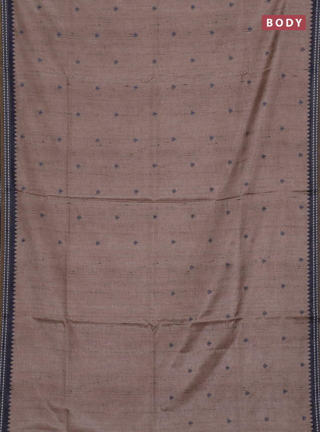 Art tussar saree beige and grey with embroidery buttas and temple design thread woven border