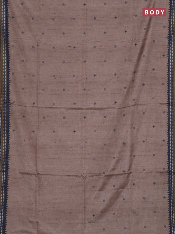 Art tussar saree beige and grey with embroidery buttas and temple design thread woven border