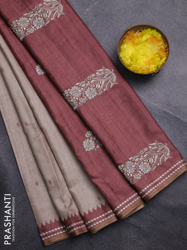 Art tussar saree beige and pastel maroon with embroidery buttas and temple design thread woven border