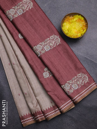 Art tussar saree beige and pastel maroon with embroidery buttas and temple design thread woven border