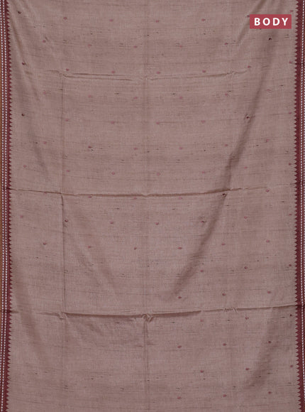 Art tussar saree beige and pastel maroon with embroidery buttas and temple design thread woven border