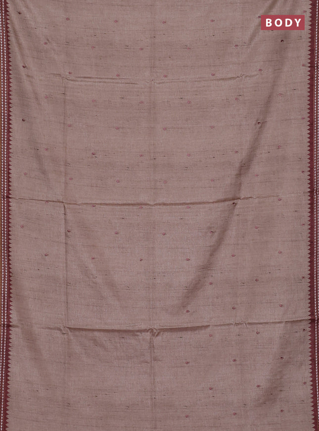 Art tussar saree beige and pastel maroon with embroidery buttas and temple design thread woven border