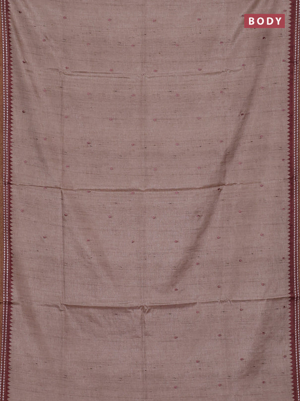 Art tussar saree beige and pastel maroon with embroidery buttas and temple design thread woven border
