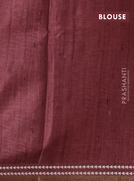 Art tussar saree beige and pastel maroon with embroidery buttas and temple design thread woven border