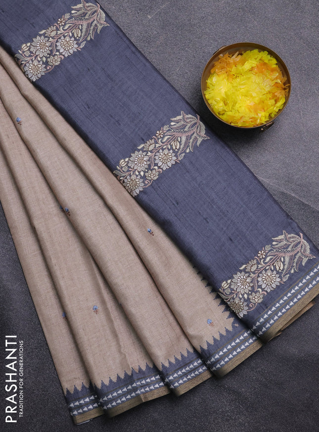 Art tussar saree beige and grey with embroidery buttas and temple design thread woven border