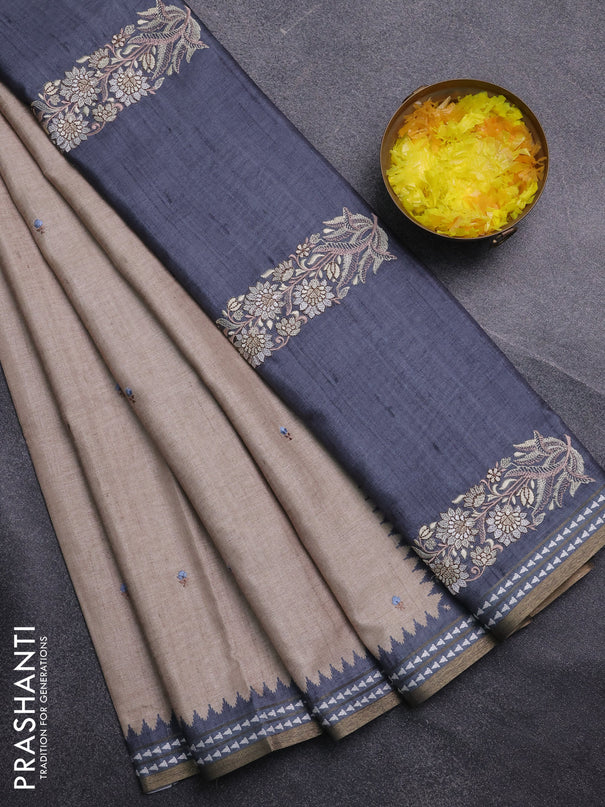 Art tussar saree beige and grey with embroidery buttas and temple design thread woven border
