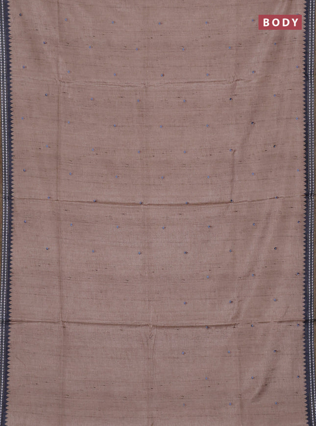 Art tussar saree beige and grey with embroidery buttas and temple design thread woven border