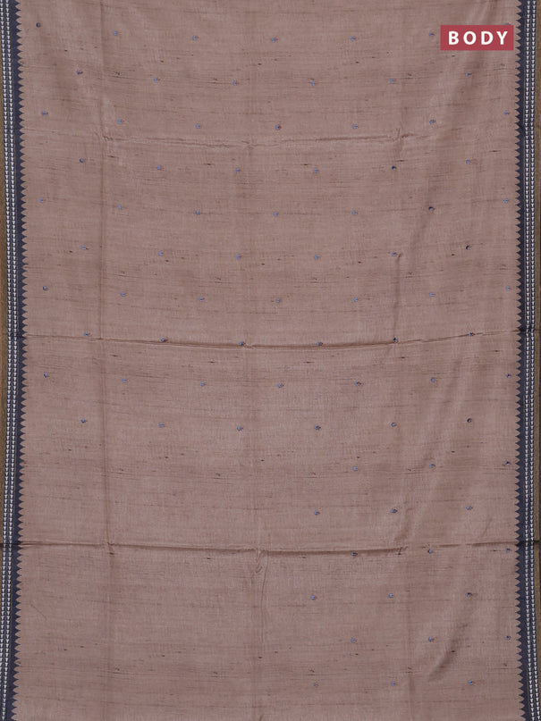 Art tussar saree beige and grey with embroidery buttas and temple design thread woven border