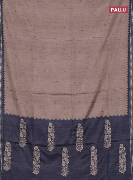 Art tussar saree beige and grey with embroidery buttas and temple design thread woven border