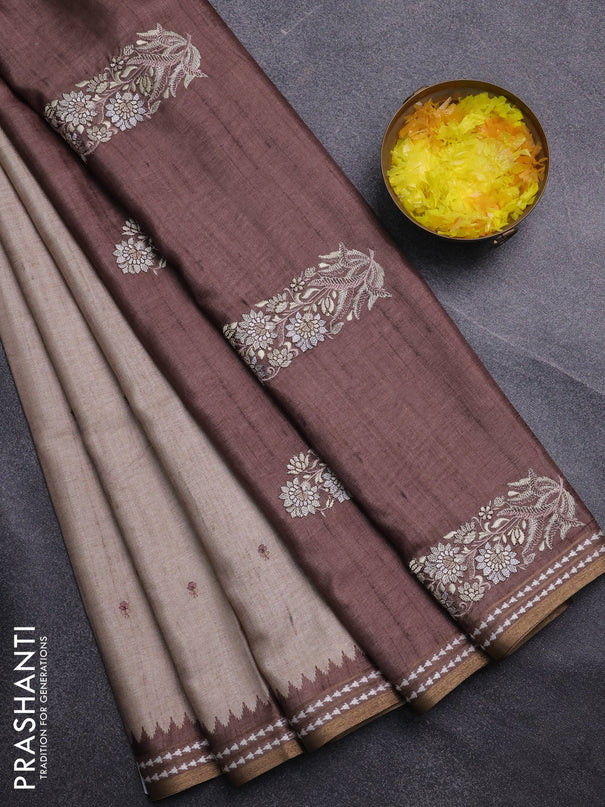 Art tussar saree beige and brown with embroidery buttas and temple design thread woven border