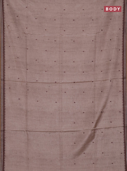Art tussar saree beige and brown with embroidery buttas and temple design thread woven border
