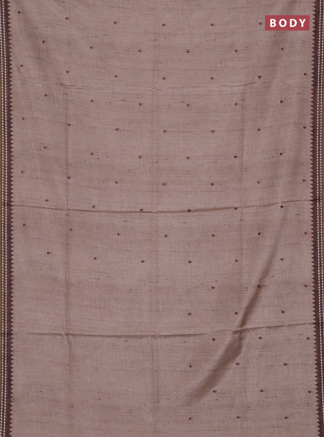 Art tussar saree beige and brown with embroidery buttas and temple design thread woven border