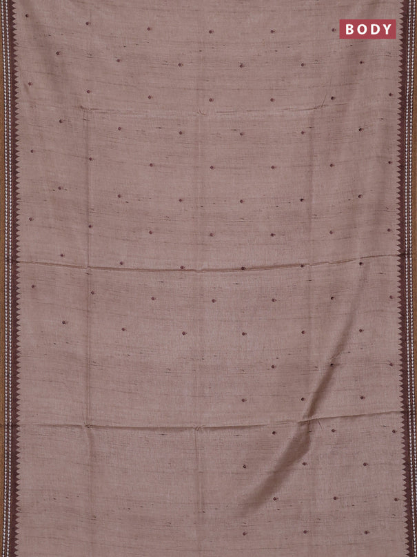 Art tussar saree beige and brown with embroidery buttas and temple design thread woven border