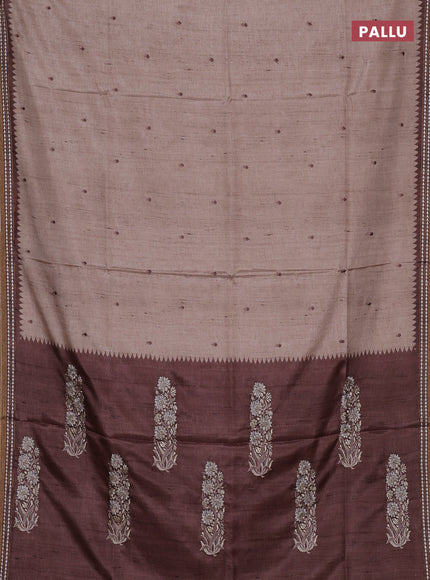 Art tussar saree beige and brown with embroidery buttas and temple design thread woven border