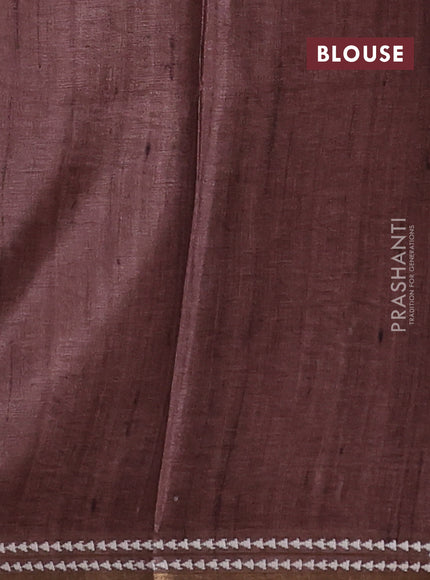 Art tussar saree beige and brown with embroidery buttas and temple design thread woven border