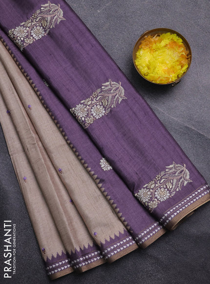 Art tussar saree beige and pastel purple with embroidery buttas and temple design thread woven border