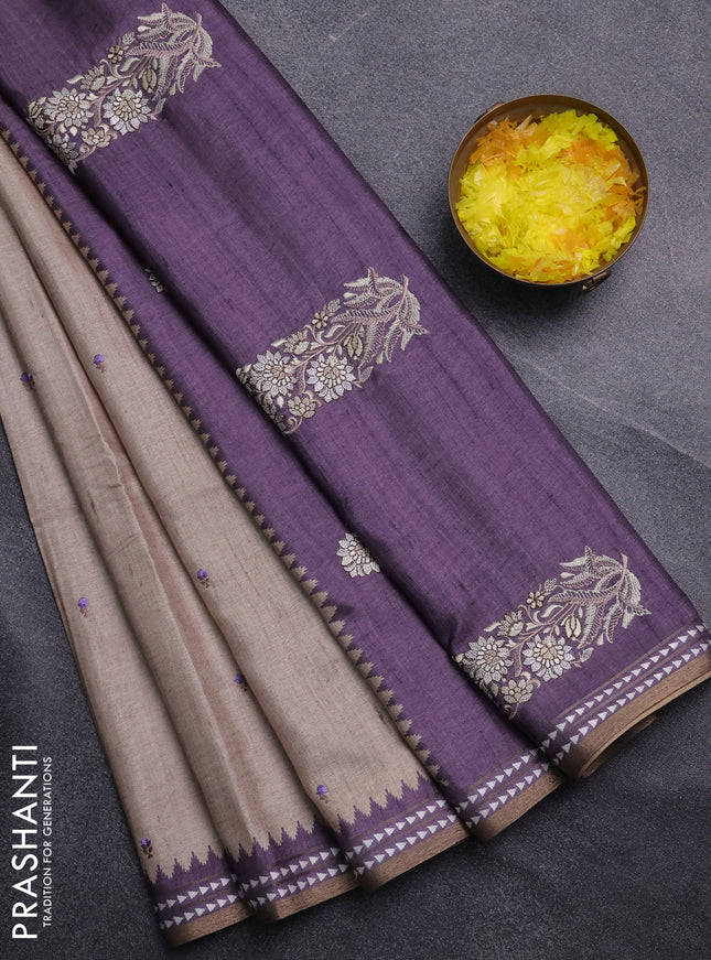 Art tussar saree beige and pastel purple with embroidery buttas and temple design thread woven border