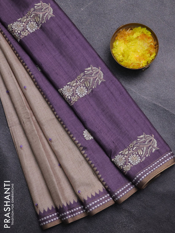 Art tussar saree beige and pastel purple with embroidery buttas and temple design thread woven border