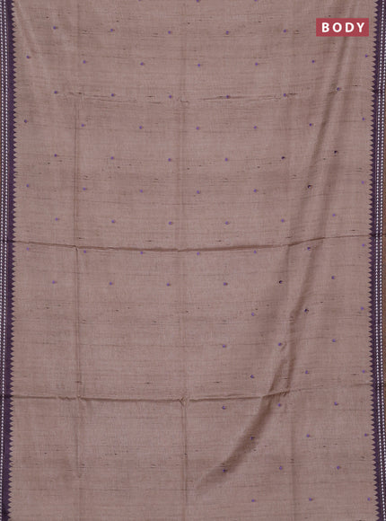 Art tussar saree beige and pastel purple with embroidery buttas and temple design thread woven border