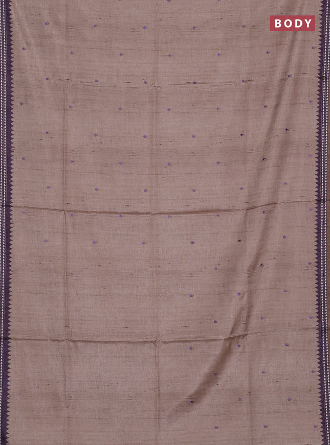 Art tussar saree beige and pastel purple with embroidery buttas and temple design thread woven border