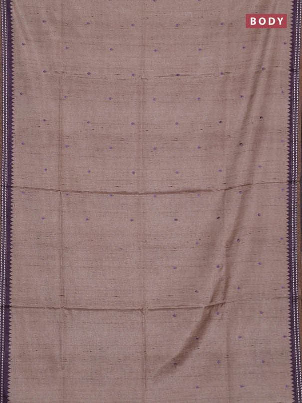 Art tussar saree beige and pastel purple with embroidery buttas and temple design thread woven border