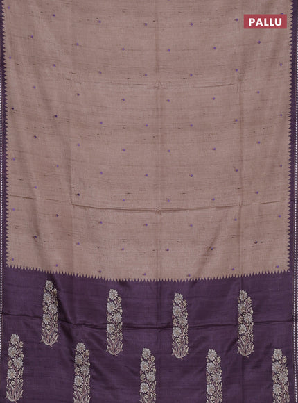 Art tussar saree beige and pastel purple with embroidery buttas and temple design thread woven border