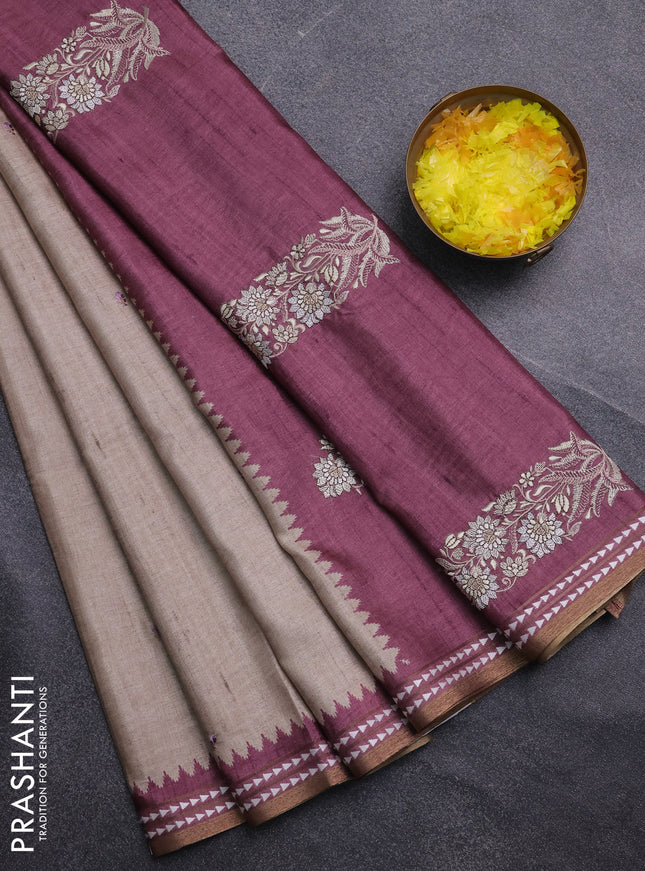 Art tussar saree beige and wine shade with embroidery buttas and temple design thread woven border