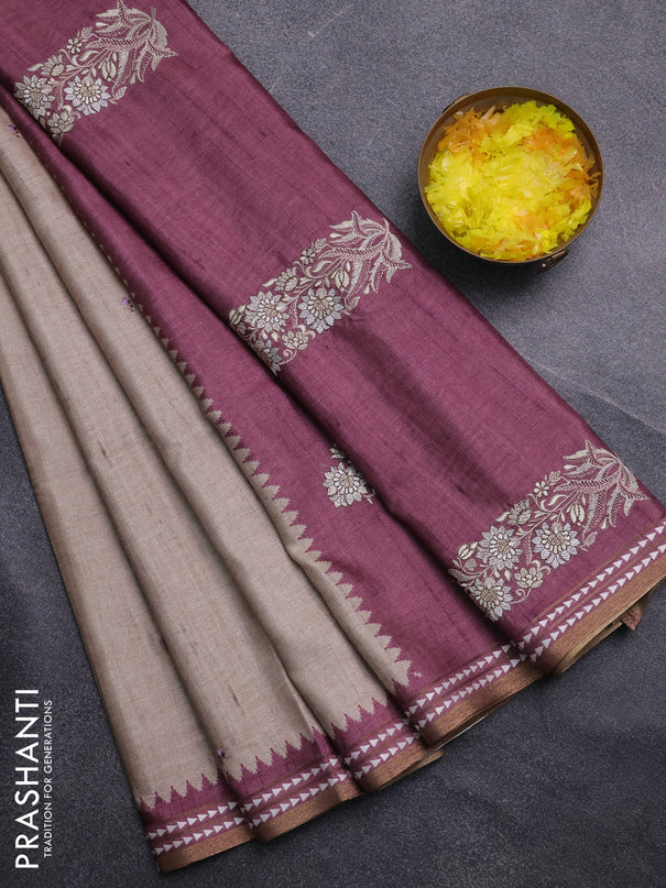 Art tussar saree beige and wine shade with embroidery buttas and temple design thread woven border