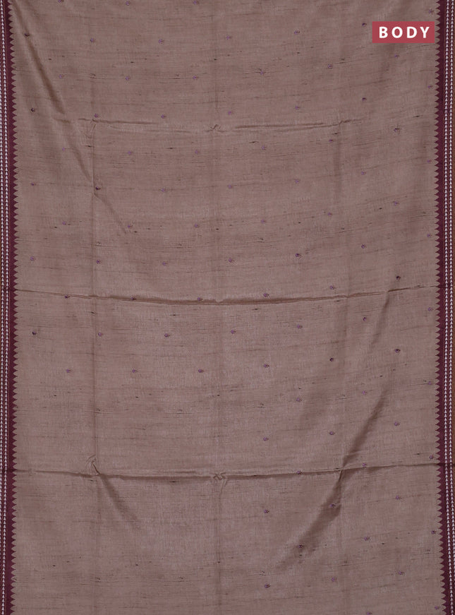 Art tussar saree beige and wine shade with embroidery buttas and temple design thread woven border