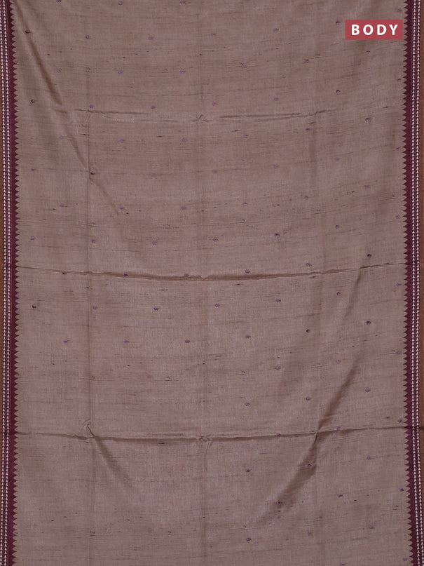 Art tussar saree beige and wine shade with embroidery buttas and temple design thread woven border