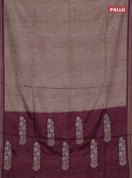 Art tussar saree beige and wine shade with embroidery buttas and temple design thread woven border